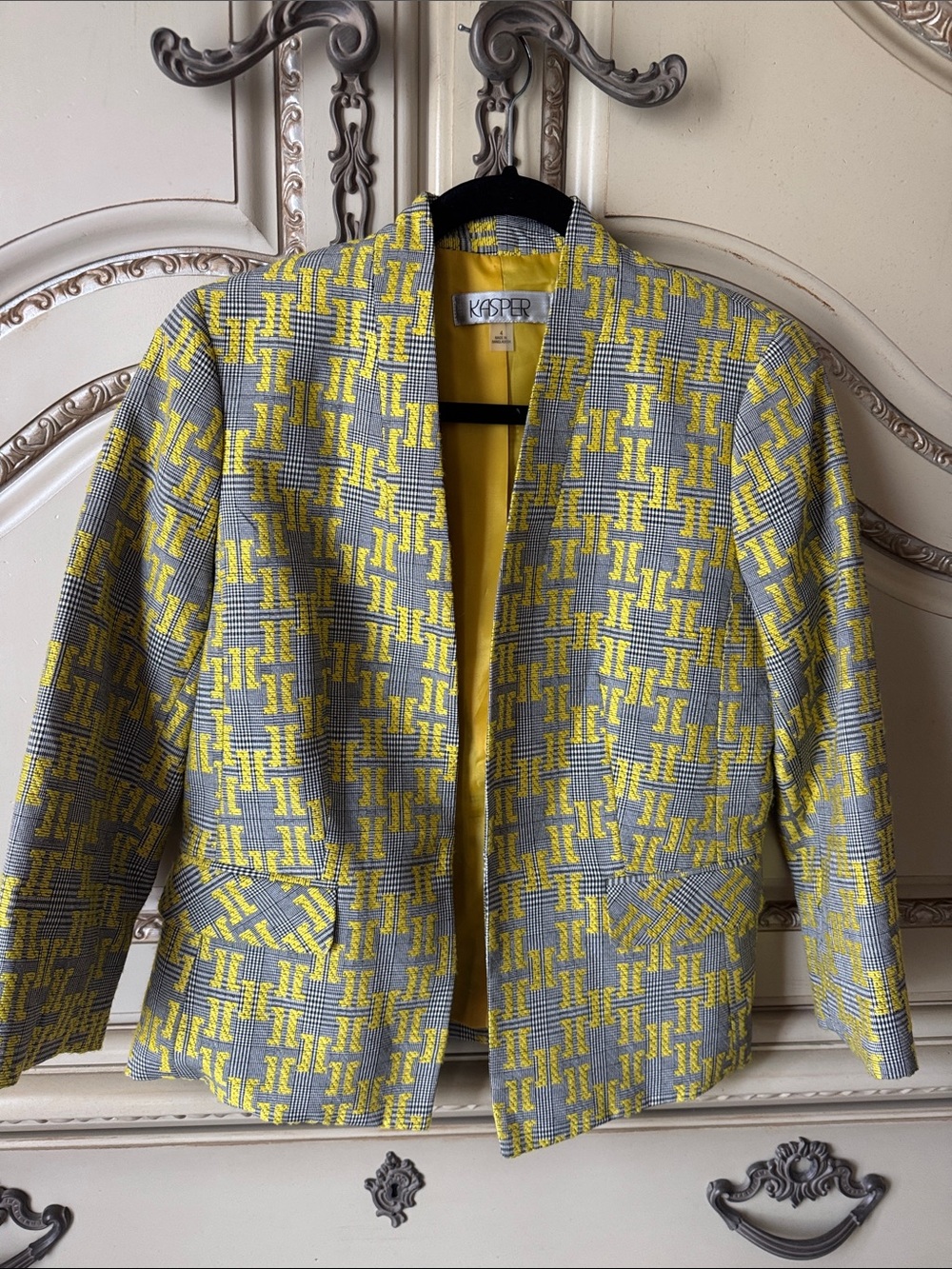 Kasper Yellow & Gray Patterned Open-Front Jacket